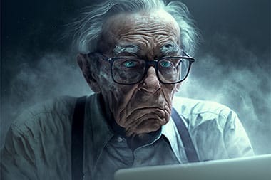 Vieil homme dans le brouillard avec ordinateur et l'air confu sans accessibilite numerique